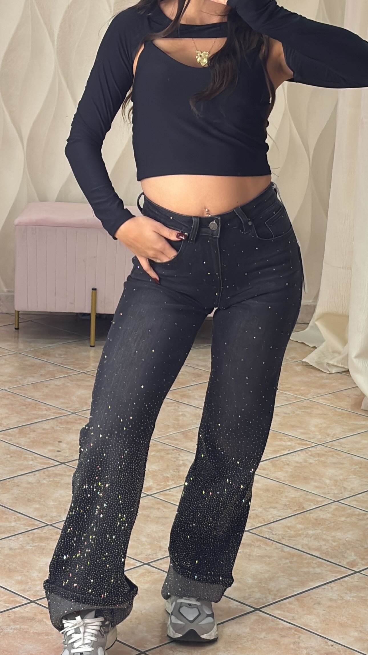 Jeans glitter con piegone